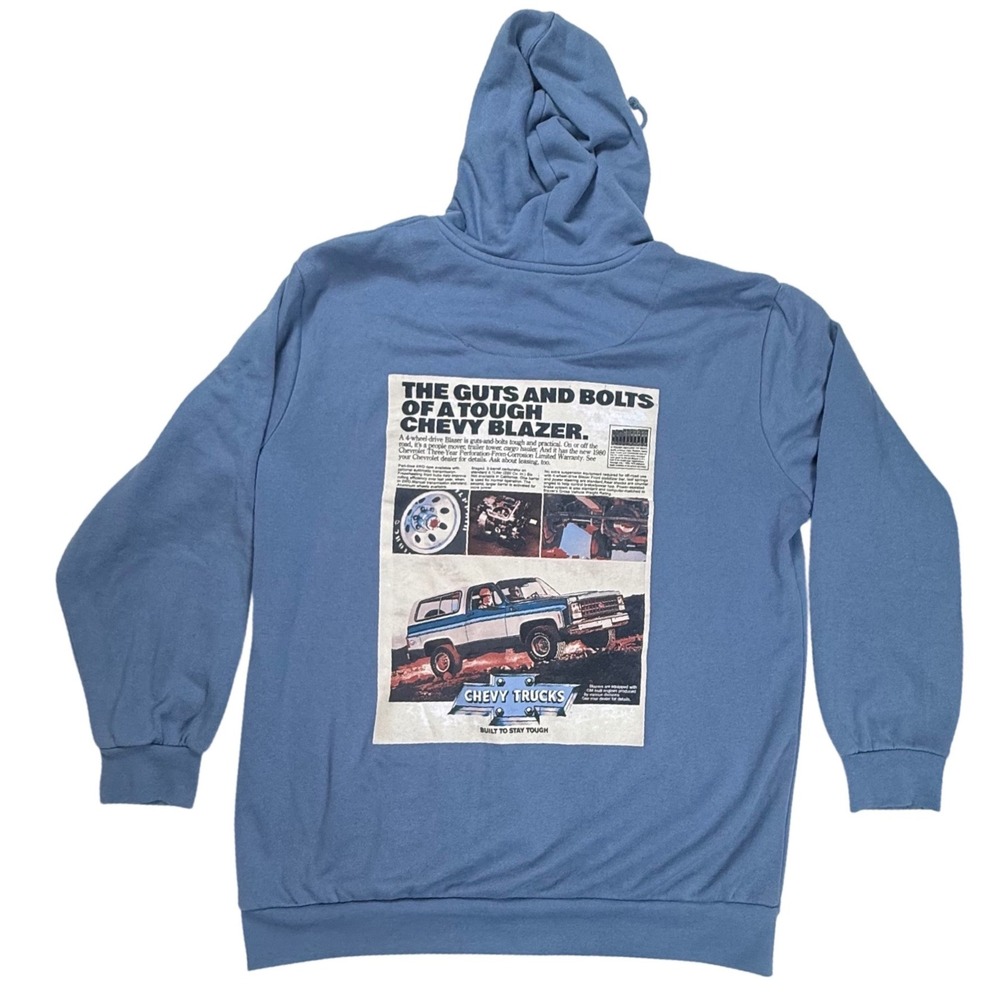 Buckhorn River Chevy Trucks Hoodie Men L Blue 1980 Blazer Guts and Bolts Graphic